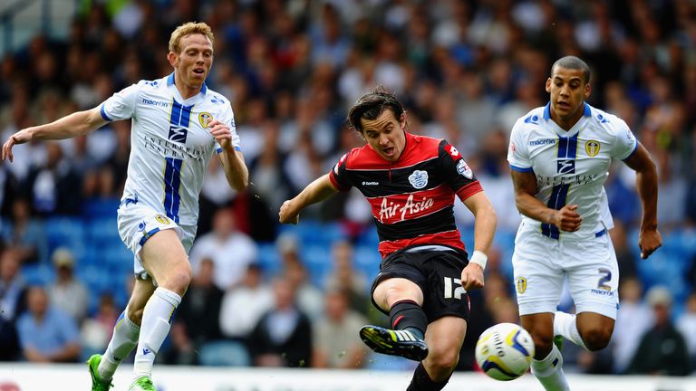 Joey Barton of Queens Park Rangers fires in a shot during the Sky Bet Championship match between Leeds United and Queens Park Rangers at Elland Road