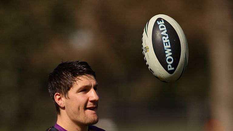 Gareth Widdop controls the ball during a Melbourne Storm NRL training session at Gosch's Paddock