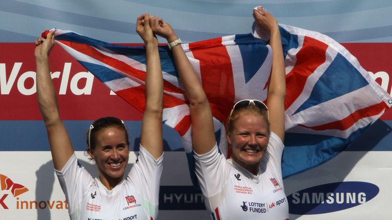 Helen Glover and Polly Swann of Great Britain pose after taking gold in the Women's Pair final during day seven of the 2013 World Rowing Championships on August 31, 2013 in Chungju, South Korea