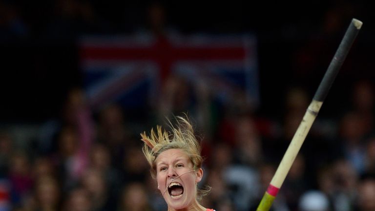 Britain's Holly Bleasdale reacts after failing an attempt in the women's pole vault final at the athletics event of the London 2012 Olympic Games on August 6, 2012 in London.