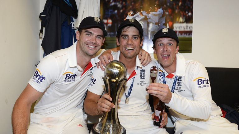 Alastair Cook is flanked by James Anderson and Graeme Swann as England celebrate their 3-0 Ashes series victory over Australia