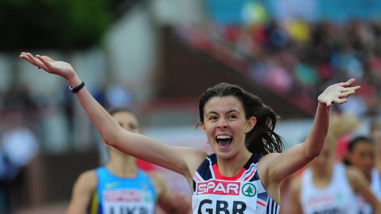 Jessica Judd of Great Britain celebrates after winning the Womens 800 metres during day one of the European Athletics Team Championships at Gateshead International Stadium on June 22, 2013.