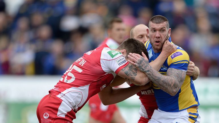 Brett Delaney is tackled by George Griffin of Hull KR during the Super League match between Hull Kingston Rovers and Leeds Rhinos
