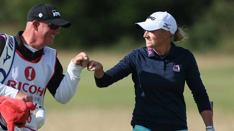 Stacy Lewis celebrates with her caddie during the final round at St Andrews