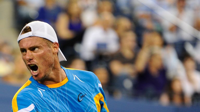 Lleyton Hewitt of Australia celebrates a point against Juan Martin Del Potro of Argentina during their round match at the US Open