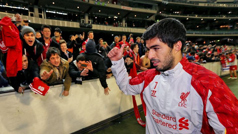 Luis Suarez gestures to the fans after the match between the Melbourne Victory and Liverpool at Melbourne Cricket Ground.