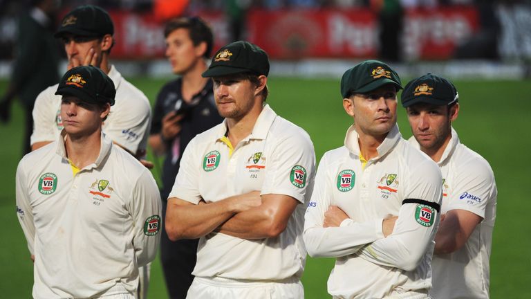 Michael Clarke of Australia looks dejected with his team mates during the presentation on day five of the fifth Ashes Test at the Kia Oval