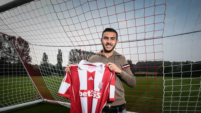 Oussama Assaidi signs from Liverpool on loan 27 Aug 2013 for Stoke City - Credit phil greig greigphotography.com for stokecityfc.com