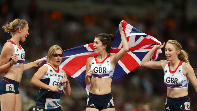 Jenny Mcloughlin, Katrina Hart, Olivia Breen and Bethany Woodward of Great Britain celebrate bronze in the Women's 4x100m Relay - T35/T38 on day 6 of the London 2012 Paralympic Games at Olympic Stadium on September 4, 2012 in London, England.