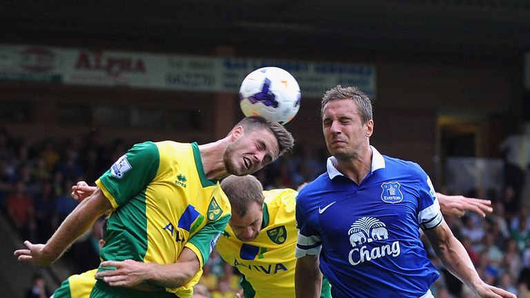 Ricky van Wolfswinkel and Phil Jagielka challenge for the ball in Norwich vs Everton