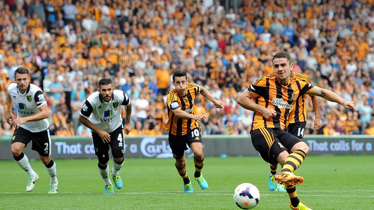Robbie Brady opens the scoring for Hull against Norwich