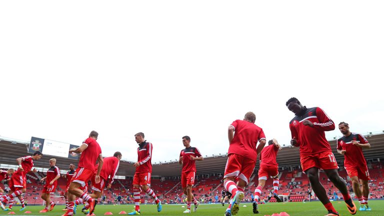 The Southampton players warm up prior to kick-off during the Barclays Premier League match between Southampton and Sunderland at St Mary's Stadium