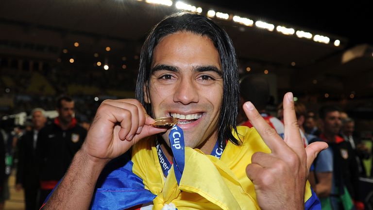 Radamel Falcao of Atletico Madrid celebrates after beating Chelsea 4-1 in the 2012 Super Cup