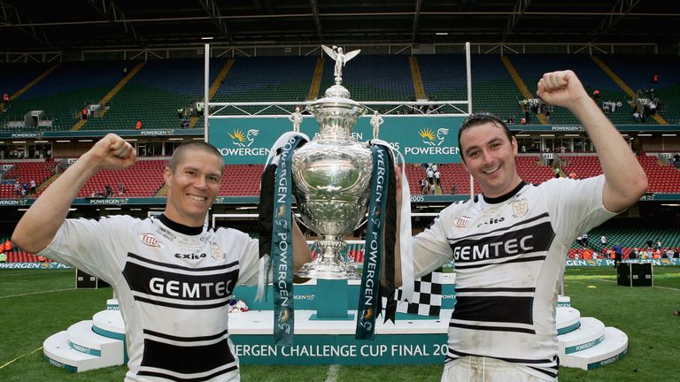 Hull duo Richard Swain and Paul Cooke celebrate after victory in the 2005 Powergen Challenge Cup Final over Leeds at the Millennium Stadium