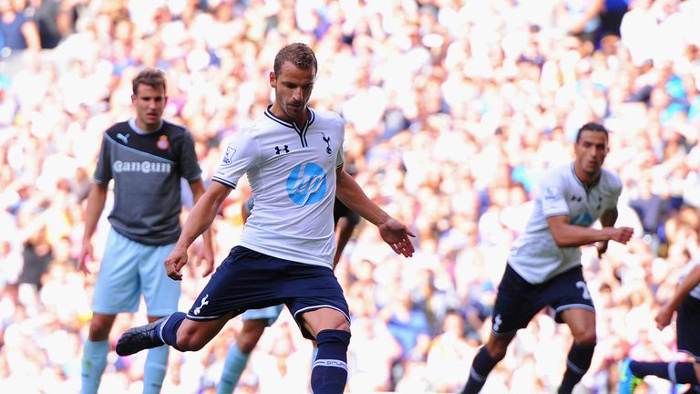 Roberto Soldado of Tottenham scores a penalty during a pre season friendly match against Espanyol at White Hart Lane.
