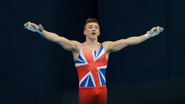Great Britain's Sam Oldham reacts after competing on the horizontal bar in the men's apparatus artistic gymnastics finals during the 5th European Men and Women Artistic Gymnastic Individual Championships in Moscow on April 21, 2013. Russia's Emin Gabirov took the first place ahead of Oldham, second, and Belarus' Aliaksandr Tsarevich, third.