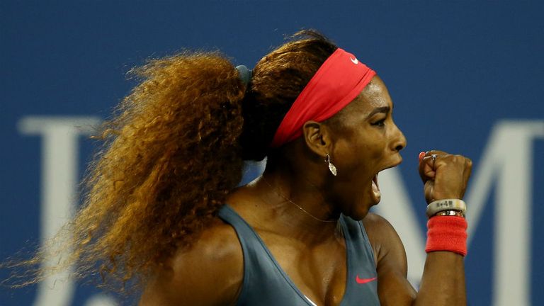 Serena Williams celebrates a point during her US Open first-round clash against Francesca Schiavone