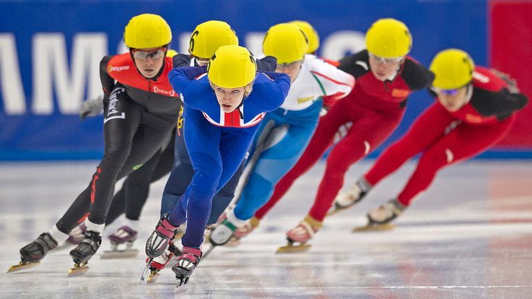 British winner Elise Christie leads the pack during the women's 1500 m a final race of the ISU World Cup short track speed skating event in Dresden, eastern Germany, on February 9, 2013.