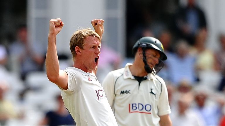 Steve Patterson of Yorkshire celebrates the wicket of David Hussey of Nottinghamshire during day two of the LV County Championship division one match at Trent Bridge