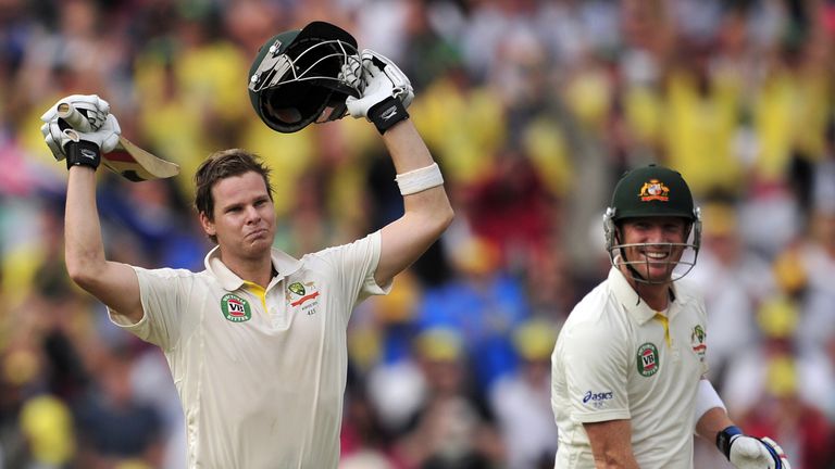 Steve Smith of Australia celebrates after reaching his maiden century  during day two of the fifth Ashes Test