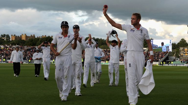 Stuart Broad of England hold up the ball after winning the 4th Investec Ashes Test match between England and Australia at Emirates Durham ICG on August 12, 2013 in Chester-le-Street, England. (Photo by Gareth Copley/Getty Images)