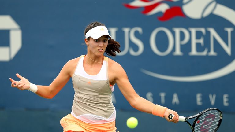 Laura Robson plays a forehand during her women's singles second round match against Caroline Garcia of France on the third day of the 2013 US Open