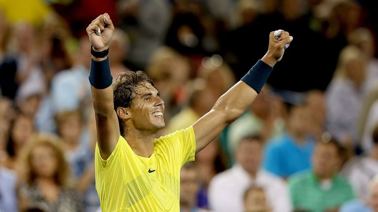 CINCINNATI, OH - AUGUST 16:  Rafael Nadal of Spain celebrate his win over Roger Federer of Switzerland during the Western & Southern Open on August 16, 2013 at Lindner Family Tennis Center in Cincinnati, Ohio.  (Photo by Matthew Stockman/Getty Images)