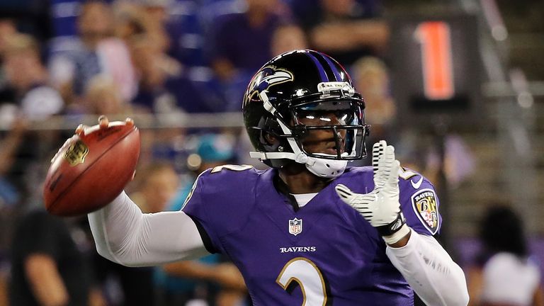 Quarterback Tyrod Taylor of the Baltimore Ravens throws a pass during the second half of a pre-season game against the Atlanta Falcons