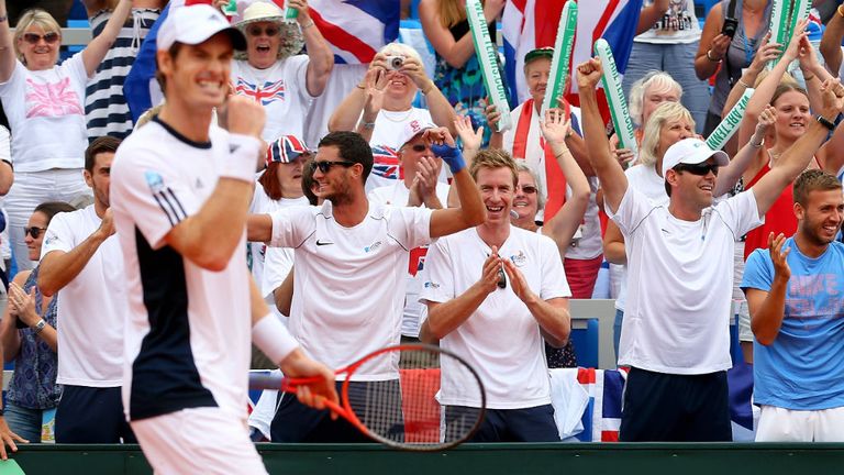 - Murray of Great Britain celebrates winning against Ivan Dodig of Croatia as Colin Fleming, James Ward, Jonny Marray and Dan Evans celebrate