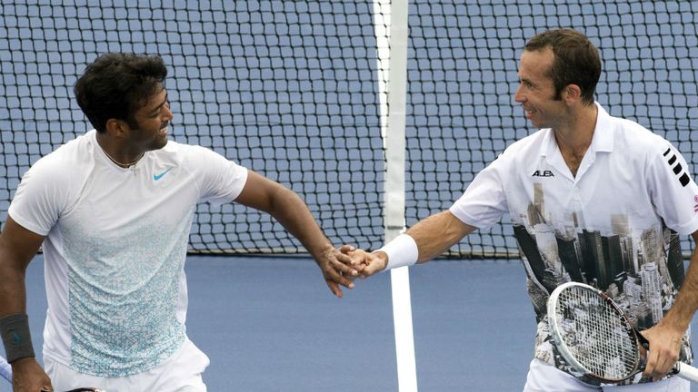 - Paes L of India and Radek Stepanek of the Czech Republic in action against Michael Llodra and Nicolas Mahut of France 