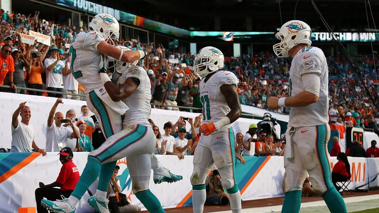 Brian Hartline #82 of the Miami Dolphins reacts to scoring a touchdown pass during a game against the Atlanta Falcons at Sun Life Stadium on September 22, 2013 in Miami Gardens, Florida. 