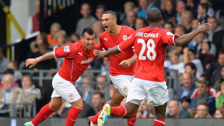 LONDON, ENGLAND - SEPTEMBER 28:  Steven Caulker of Cardiff celebrates scoring his team's first goal during the Barclays Premier League match between Fulham and Cardiff City at Craven Cottage on September 28, 2013 in London, England.  (Photo by Christopher Lee/Getty Images)