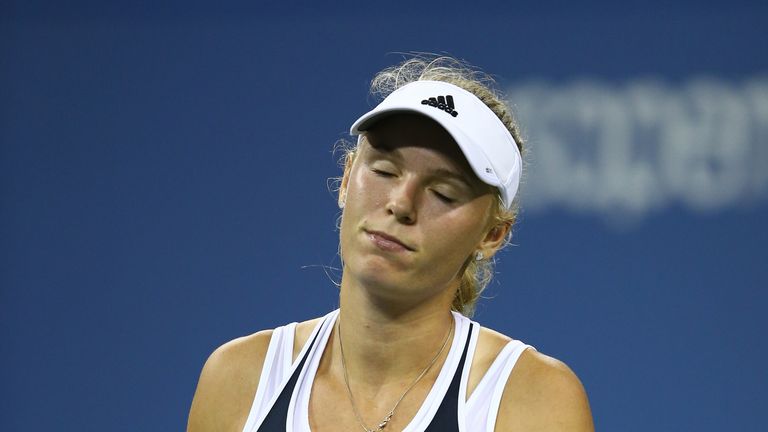 Caroline Wozniacki  reacts during her third round women's singles match at the 2013 US Open
