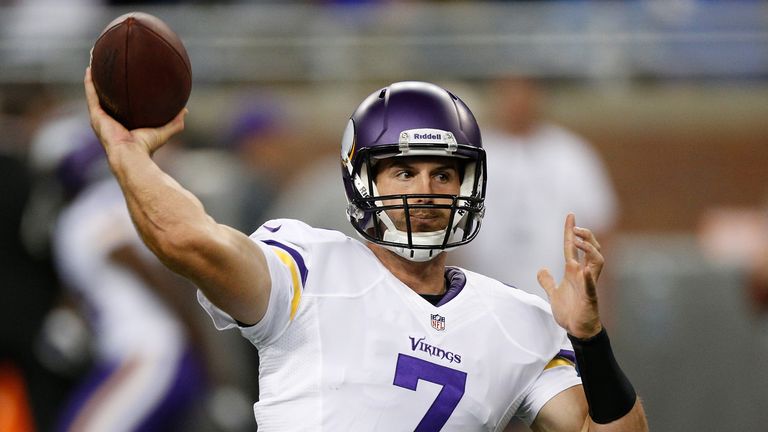 Christian Ponder #7 of the Minnesota Vikings throws a pass during pre game prior to playing the Detroit Lions at Ford Field on September 8, 2013 in Detroit, Michigan