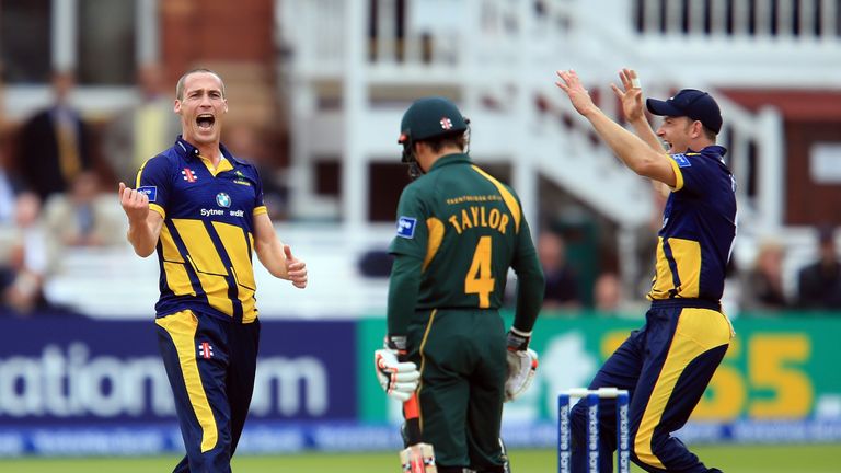 Simon Jones of Glamorgan celebrates taking the wicket of James Taylor of Notts during the Yorkshire Bank 40 Final match between Glamorgan and Nottinghamshire at Lord's Cricket Ground on September 21, 2013 in London, England