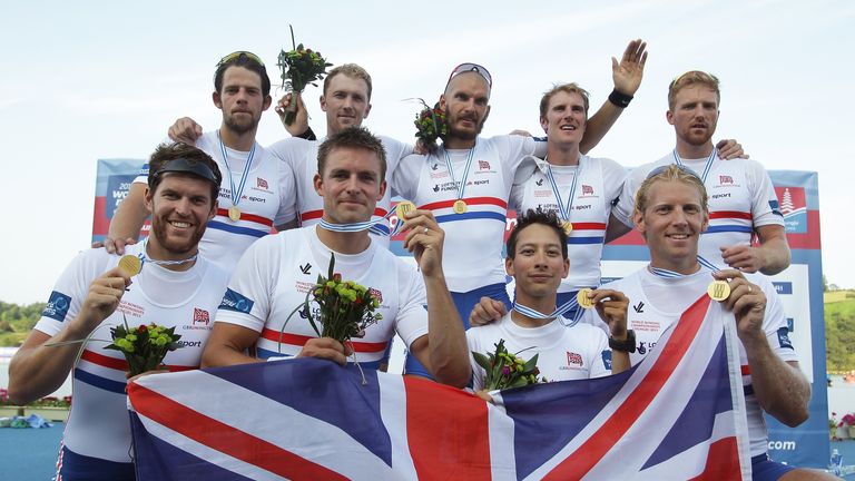 Daniel Ritchie, Tom Ransley, Alex Gregory, Pete Reed, Mohamed Sbihi, Andrew Triggs Hodge, George Nash, William Satch and Phelan Hill of Great Britain pose with their gold medals after the Men's Eight final during day eight of the 2013 World Rowing Championships on September 1, 2013 in Chungju, South Korea.