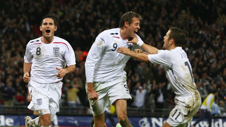 21 November 21:  Peter Crouch of England celebrates with Joe Cole and Frank Lampard after scoring England's 2nd and the equalising goal during the Euro 2008 Group E qualifying match between England and Croatia at Wembley Stadium