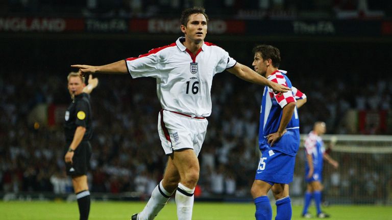 20 Aug 2003:  Frank Lampard celebrates scoring the third goal of the match during the International Friendly match between England and Croatia. England won the match 3-1.