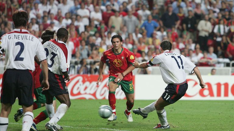 24 June 2004: Frank Lampard scores the equalising goal during the UEFA Euro 2004, Quarter Final match between Portugal and England to take it to penalties