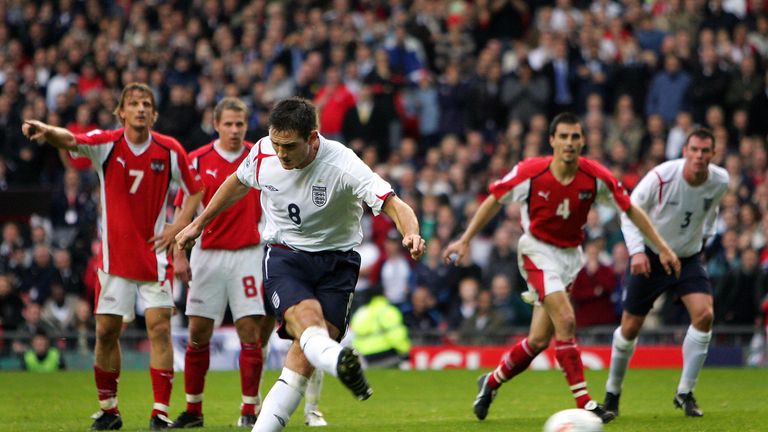 8 Oct 2005: Frank Lampard captains England and scores from the penalty spot against Austria during the FIFA World Cup Group 6 qualifying match at Old Trafford
