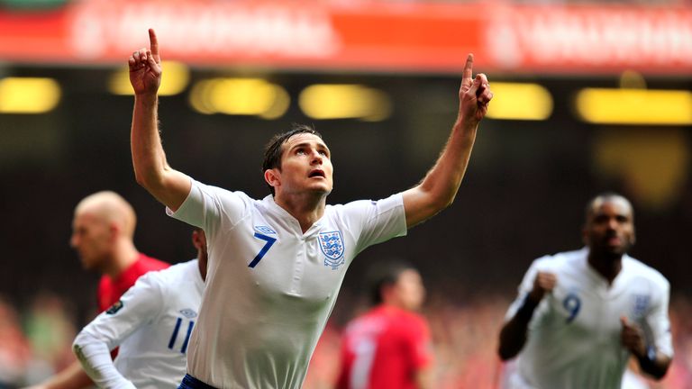 26 March 2011: Frank Lampard celebrates scoring a penalty during their Euro 2012 qualifying match against Wales at the Millennium Stadium                                                  