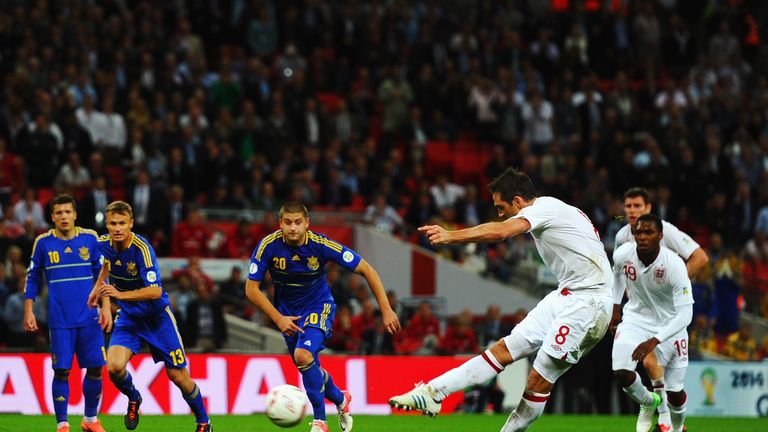 11 Sep 2012:  Frank Lampard scored his 26th international goal from the penalty spot against Ukraine equalling the amount of goals scored by Bryan Robson