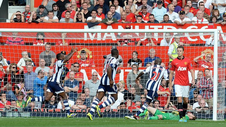 West Bromwich Albion's Saido Berahino (left) celebrates scoring his side's second goal of the game at Manchester United.