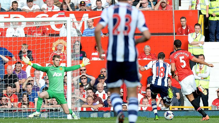 West Bromwich Albion's Morgan Amalfitano scores his side's first goal of the game against Manchester United