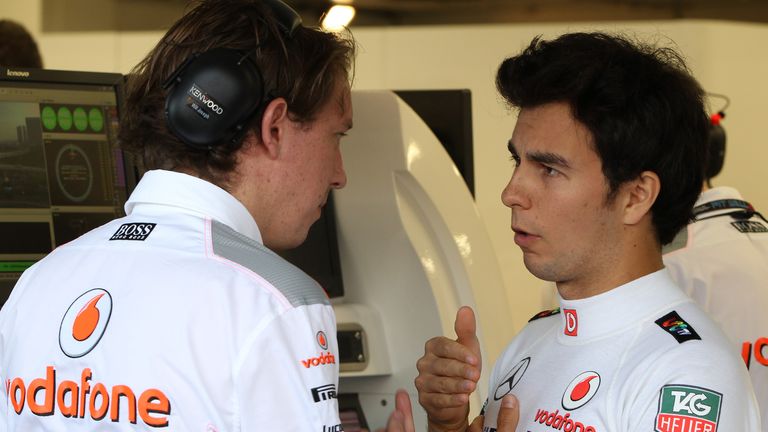 Sergio Perez chats to Will Joseph in the McLaren garage