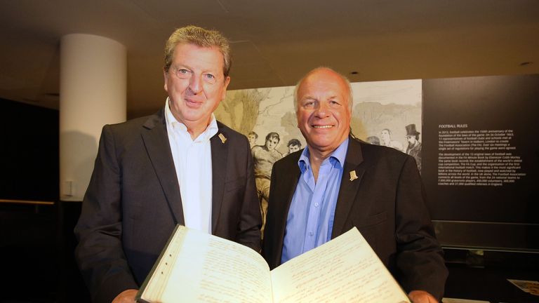 England football manager Roy Hodgson (left) and Chairman of the Football Association Greg Dyke with the Football Association 1863 minute book at the British Library in London.