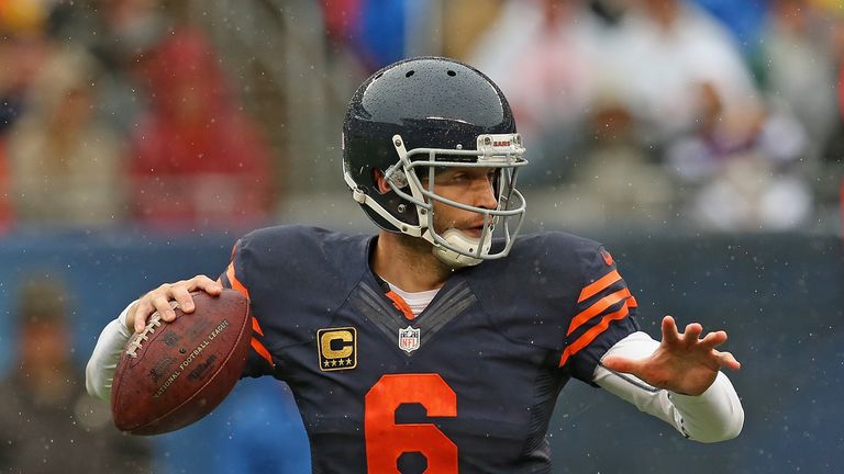 Jay Cutler of the Chicago Bears passes against the Minnesota Vikings at Soldier Field
