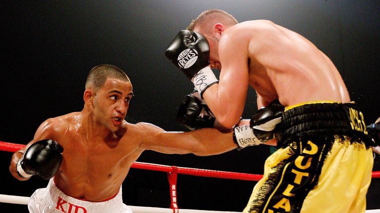 Kid Galahad in action with Josh Wale during their WBC International Super Bantamweight Championship bout at Hillsborough Leisure Centre
