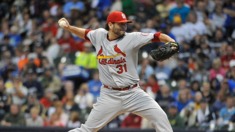 Lance Lynn of the St. Louis Cardinals pitches against the Milwaukee Brewers during the first inning