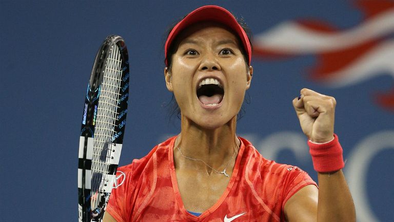 Li Na celebrates her win over Jelena Jankovic at the US Open